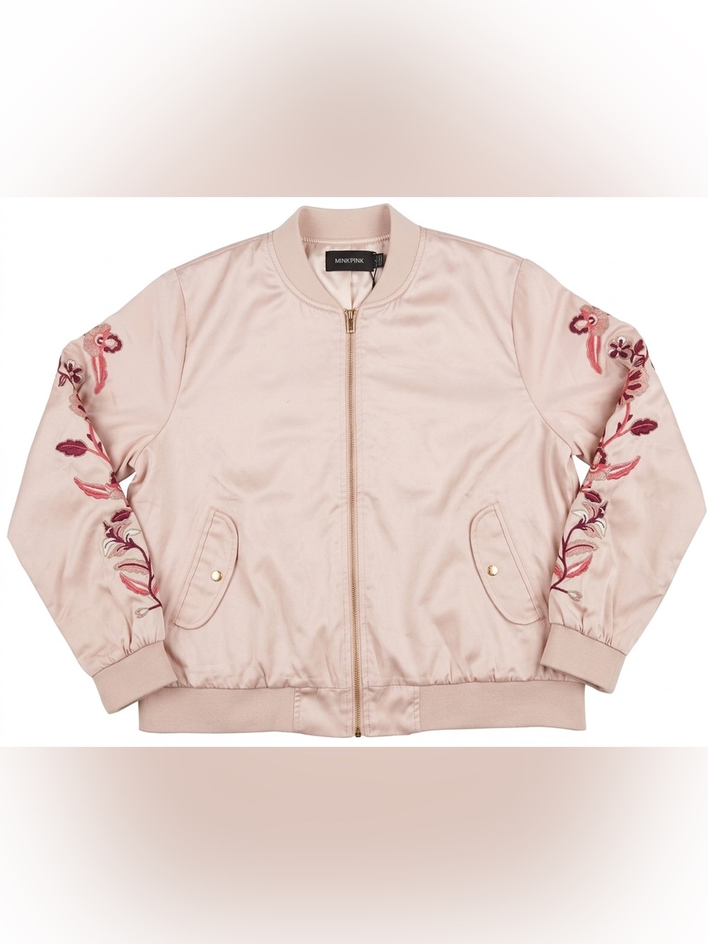MINKPINK Jacket Sz L Flirty Light Pink Satin Zip Bomber Pink Floral Embroidery